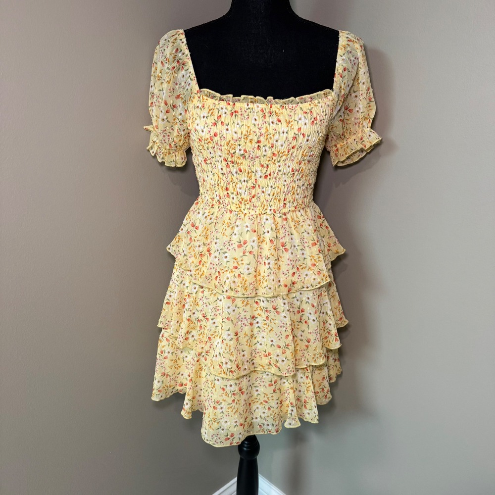 Thirty/Thirty LA Yellow Floral Smocked Tiered Ruffle‎ Mini Dress Small